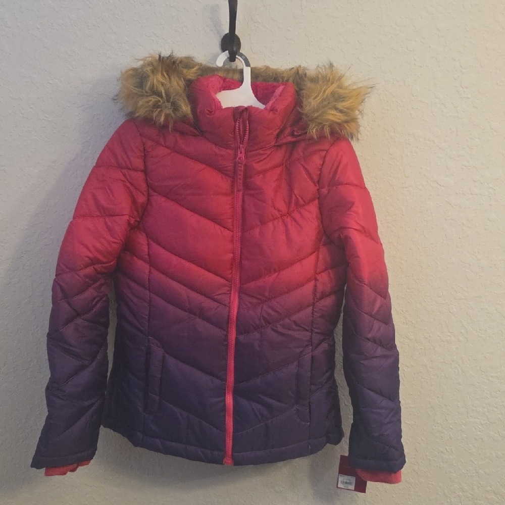 NWT Girls Size 16=Ladies S. Pink & Purple Ombre Puffer Jacket with Faux Fur Hood